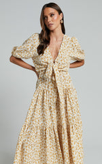 Alena Midi Dress - Short Puff Sleeve Tie Front Tiered Dress in Golden Floral