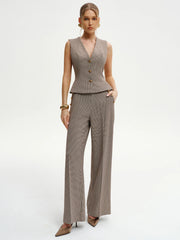 Houndstooth Metal Detail Mid-Waist Pants