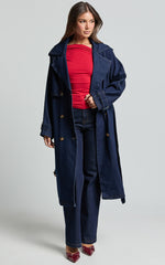 Vinnie Trench Coat - Denim Washed Trench Coat in Dark Blue Wash