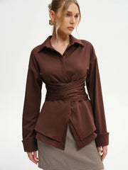 Long-Sleeve Wrap-Waist Back-Bow Shirt