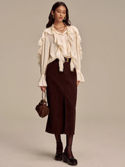 Ruffled Lace Trim Bell Sleeve Shirt