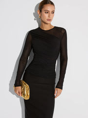 Metal Brooch Semi-Sheer Mesh Long Sleeve T-Shirt