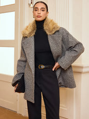 Belted Faux Fur Collar Tweed Coat