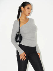 Asymmetric Neckline Ruched Long Sleeve Blouse