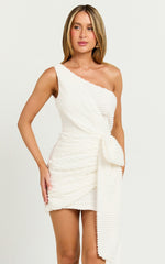 Elisa Mini Dress - One Shoulder Wrap Skirt Bow Detail Dress in Cream
