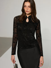 Mandarin Collar Floral Lace Long Sleeve T-Shirt