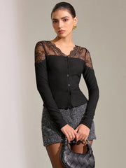 Lace Panel Ribbed Knit T-Shirt