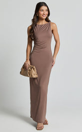 Aisha Maxi Dress - Sleeveless Twist Strap Bodycon Dress in Chocolate