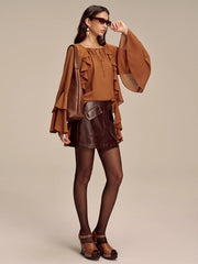 Chiffon Ruffled Tiered Sleeve Tie-Neck Blouse