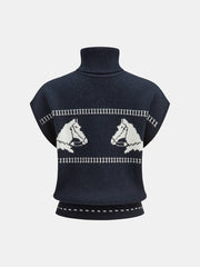 Horse-Pattern Cap Sleeve Turtleneck Sweater Vest