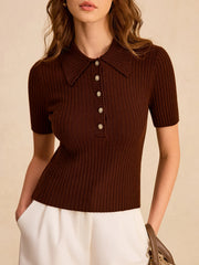 Metal Button Ribbed Knit Polo Top