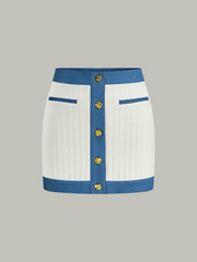 Denim-Trimmed Knit Mini Skirt with Metal Button