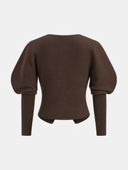 Leg-Of-Mutton Sleeve Heart-Button Wool Blend Cardigan