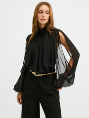 Sheer Chiffon Mock Neck Backless Blouse