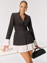 Contrast Pleated Panel Pinstriped Belted Blazer Dress