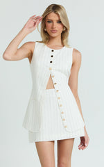 Calvin Two Piece Set - Tailored Scoop Neck Vest Top and A Line Mini Skirt Set in White Pinstripe