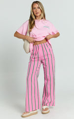 Alda Two Piece Set - Pasta Lovers Club Tee and Striped Pant Set in Pink