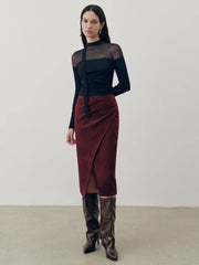 Suede Effect Pleated Slit Midi Skirt