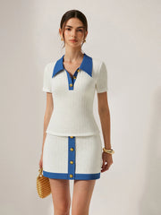 Denim-Collar Knit Polo Top with Metal Button