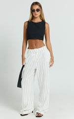 Trixie Pants - High Waist Linen Look Stripe Tailored Pants in Off White