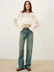 Semi-Sheer Ruffle-Trimmed Lace Flared-Sleeve Blouse