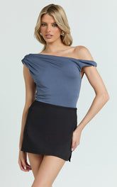 Jialeen Top - Off Shoulder Twist Asymmetrical Sleeve Top in Steel