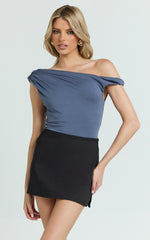 Jialeen Top - Off Shoulder Twist Asymmetrical Sleeve Top in Steel