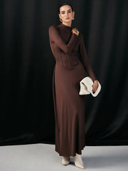 Mock Neck Corset Waist Long Sleeve Maxi Dress