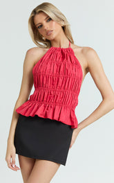 Kaiden Top - Halter Neck Backless Ruched Top in Red