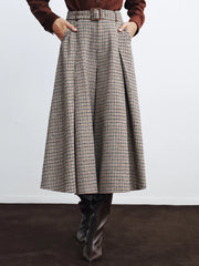 High-Waist Belted Houndstooth Wide-Leg Pants