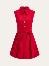 Shirt-Collar Pleated Dress with Belt