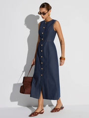 Button-Front Sleeveless Denim Maxi Dress