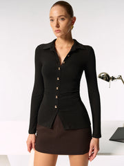 Metal Button Long Sleeve Poro Collar Blouse