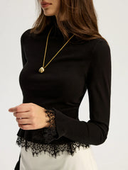 Lace Trim Mock Neck Knit Top