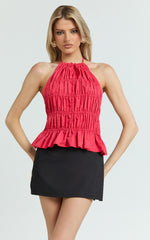 Kaiden Top - Halter Neck Backless Ruched Top in Red