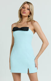 Adora Mini Dress - Strapless Bow Detail Split Dress in Blue & Black
