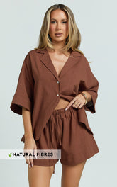 Saina Two Piece Set - Button Through Shirt and Drawstring Shorts Set in Chocolate