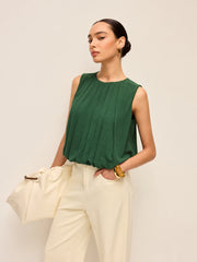 Pleated Cotton & Linen Sleeveless Top