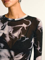 Semi-Sheer Long Sleeve Mesh Marble Print Blouse