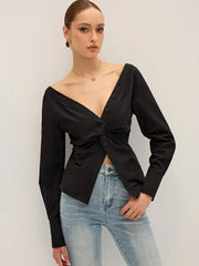 Twisted Front Deep V-Neck Shirt