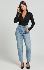 Amira Top - V Neck Long Sleeve Collared Bodysuit in Black