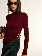 Metal Buckle Asymmetric Mock Neck Blouse