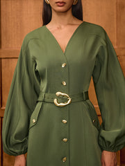 V-Neck Balloon Sleeve Belted Button-Front Dress
