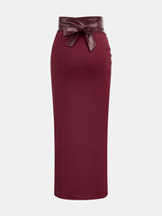 Faux Leather Panel Ruched Midi Skirt