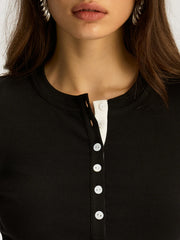 Contrast Trim Cotton Blend Long Sleeve Top