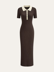 Contrast Collar Cable-Knit Midi Dress
