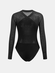 Sheer Panel Cross-Front Long Sleeve Bodysuit
