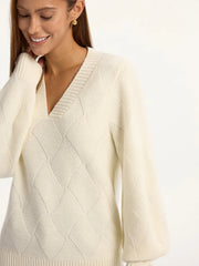 Wool-Blend Argyle Textured V-Neck Sweater