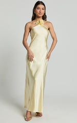 Keithy Midi Dress - Rosette Halter Neck Slip Dress in Lemon