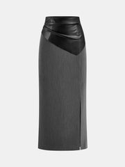 Faux Leather Paneled Slit Midi Skirt